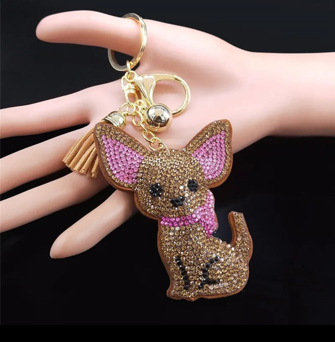 Rhinestone Chihuahua Themed Keychain