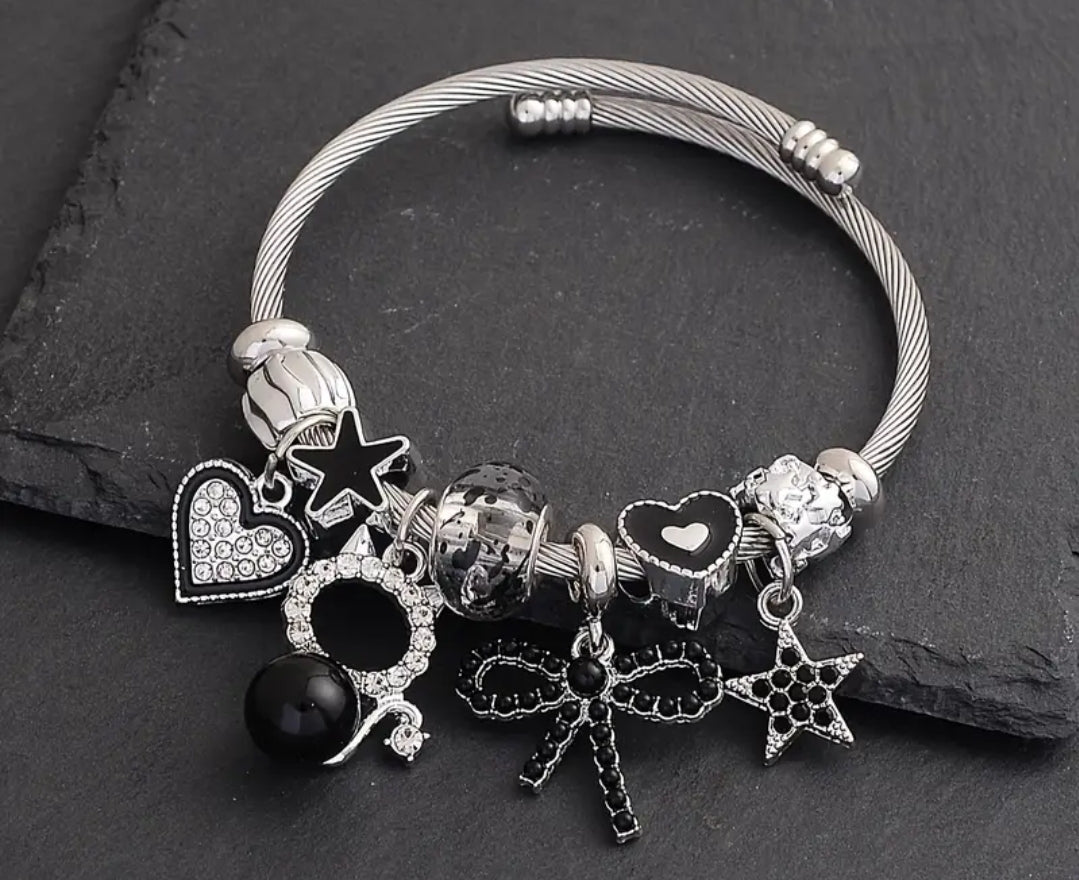 Elegant Stainless Steel Charm Bracelet with Rhinestones, Glass Beads & Star Charms, Adjustable