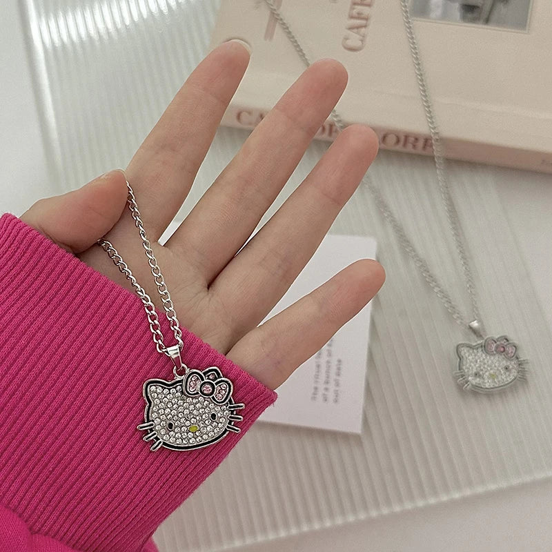 Kawaii Sanrio Hello Kitty Necklace Y2K Alloy Crystals Anime Pendant Necklaces Women Exquisite Clavicle Chain Accessories