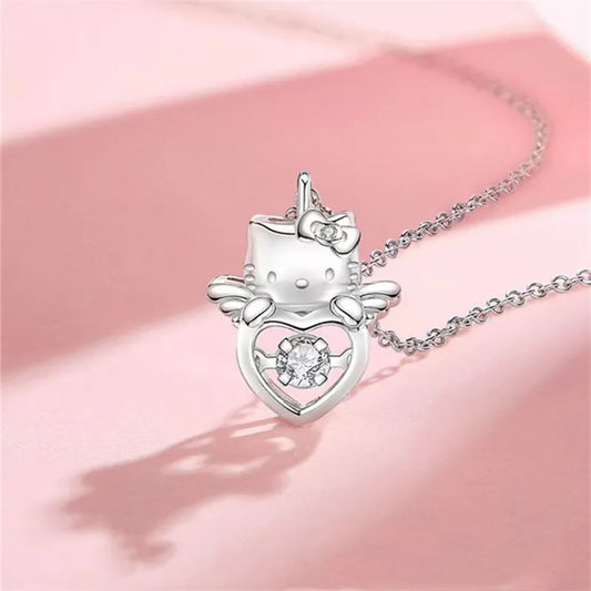 Rhinestone  Pendant Sterling 925 Silver Kawaii Sanrio Necklace Hello Kitty