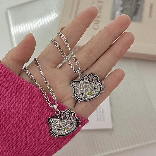 Kawaii Sanrio Hello Kitty Necklace Y2K Alloy Crystals Anime Pendant Necklaces Women Exquisite Clavicle Chain Accessories