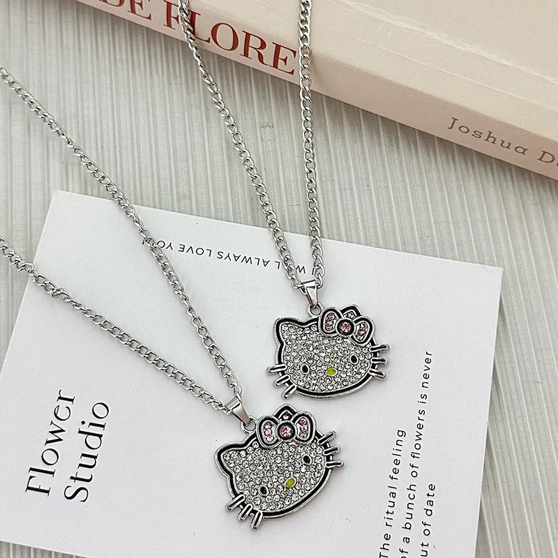 Kawaii Sanrio Hello Kitty Necklace Y2K Alloy Crystals Anime Pendant Necklaces Women Exquisite Clavicle Chain Accessories