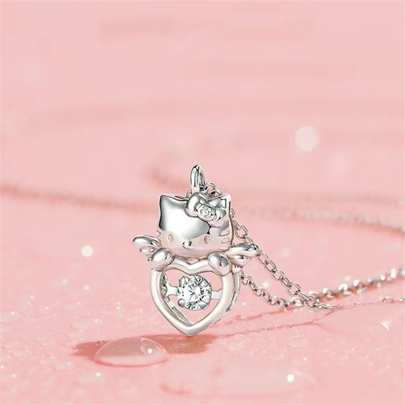 Rhinestone  Pendant Sterling 925 Silver Kawaii Sanrio Necklace Hello Kitty