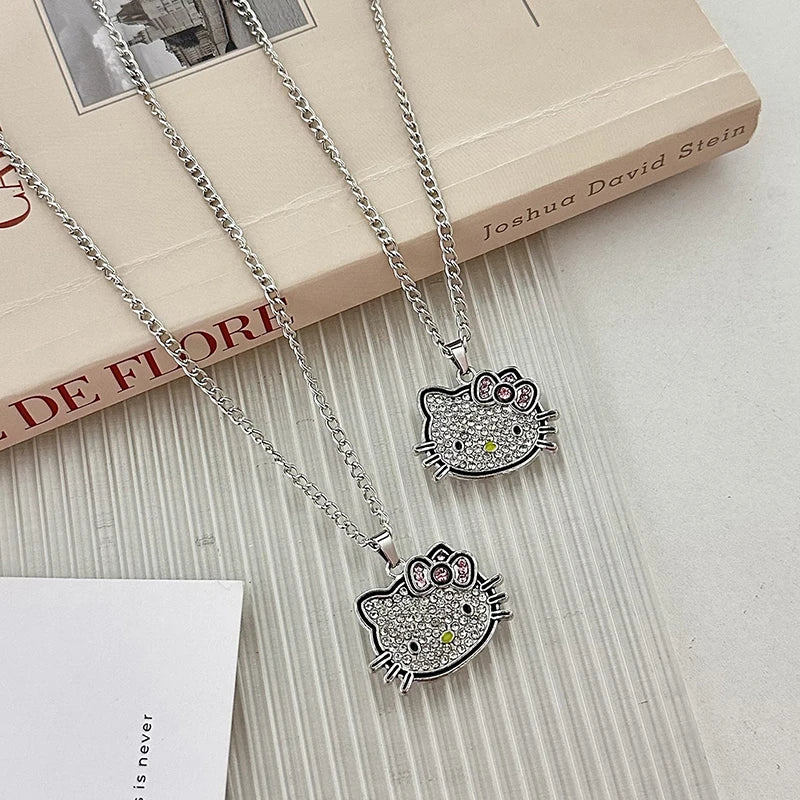 Kawaii Sanrio Hello Kitty Necklace Y2K Alloy Crystals Anime Pendant Necklaces Women Exquisite Clavicle Chain Accessories