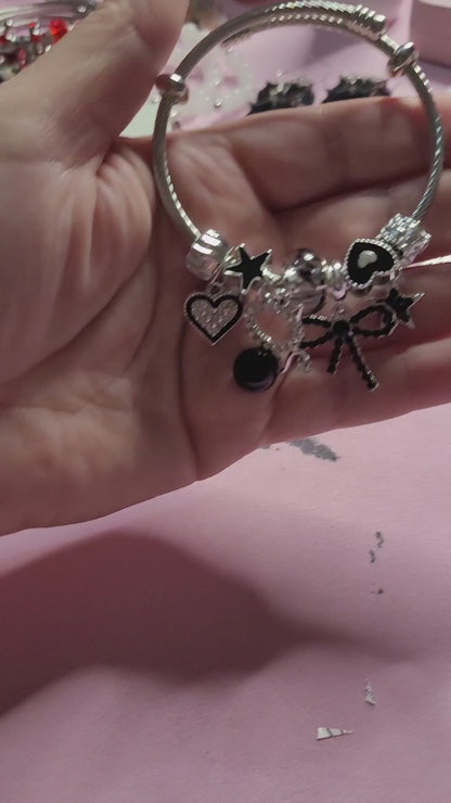 Elegant Stainless Steel Charm Bracelet with Rhinestones, Glass Beads & Star Charms, Adjustable