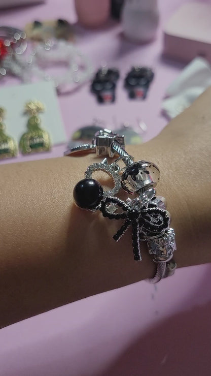 Elegant Stainless Steel Charm Bracelet with Rhinestones, Glass Beads & Star Charms, Adjustable
