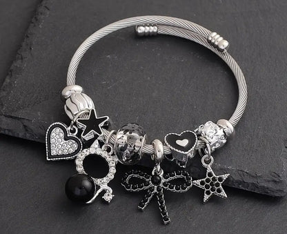 Elegant Stainless Steel Charm Bracelet with Rhinestones, Glass Beads & Star Charms, Adjustable