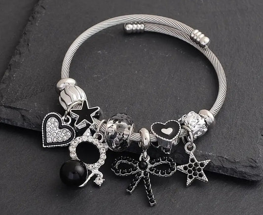 Elegant Stainless Steel Charm Bracelet with Rhinestones, Glass Beads & Star Charms, Adjustable